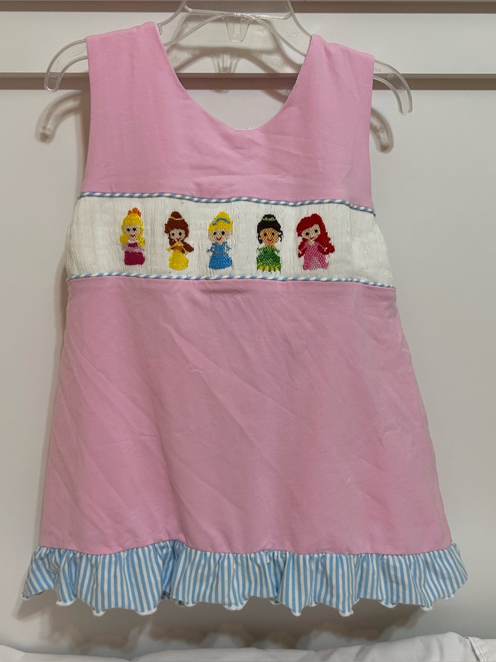 AWE smocks girls 2 piece set size 8 Disney princesses pink blue stripes ruffles
